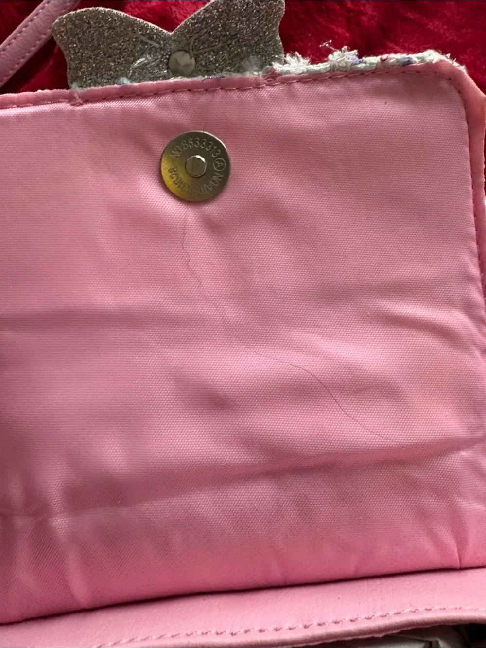 Kids Pink Tweed Butterfly Crossbody Bag with Pearl Handle
